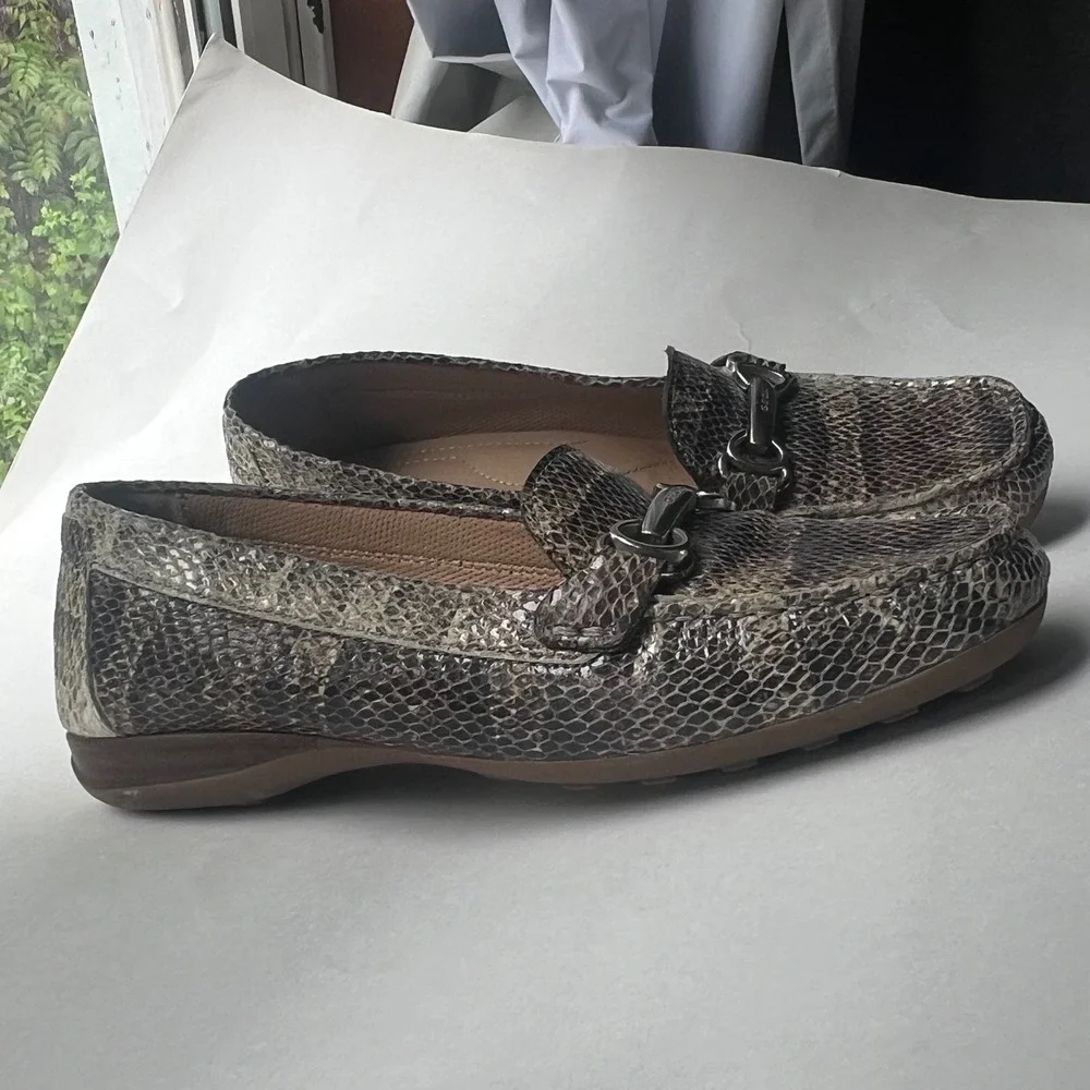Geox Respira Womens Snakeskin Embossed Leather Horsebit Loafers‎ Brown Grey 37
